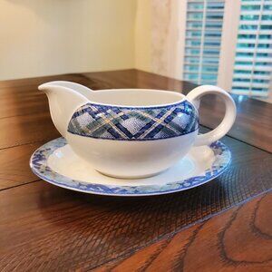 Vintage Royal Doulton Glen Ora Gravey Boat Underplate Blue & White Plaid England